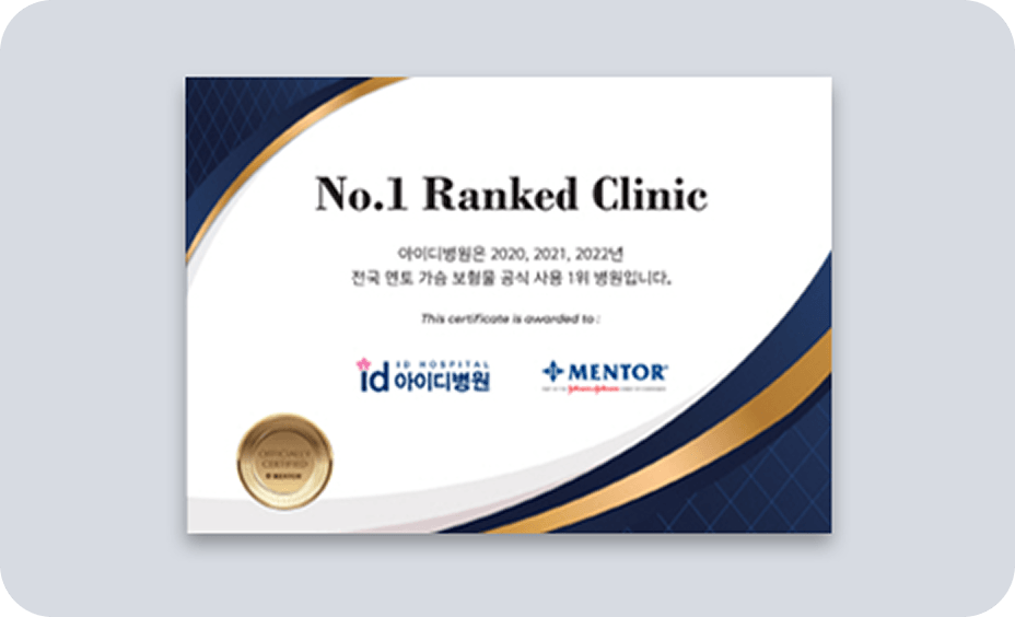 id Hospital - Achievements - Breast Implant 'Mentor' Official Usage Ranked No. 1 Nationwide for 3 Consecutive Years
